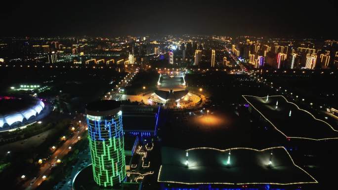 河北沧州会展中心城市广场夜景灯光航拍