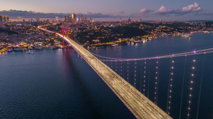 空中黄昏超延时:7月15日烈士桥和伊斯坦布尔欧洲一侧的旅程与运动模糊效果#TemmuzŞehitle