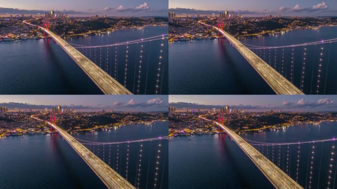 空中黄昏超延时:7月15日烈士桥和伊斯坦布尔欧洲一侧的旅程与运动模糊效果#TemmuzŞehitle