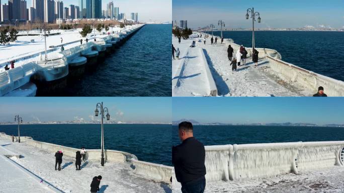 航拍大连东港雪景冰雪结冰