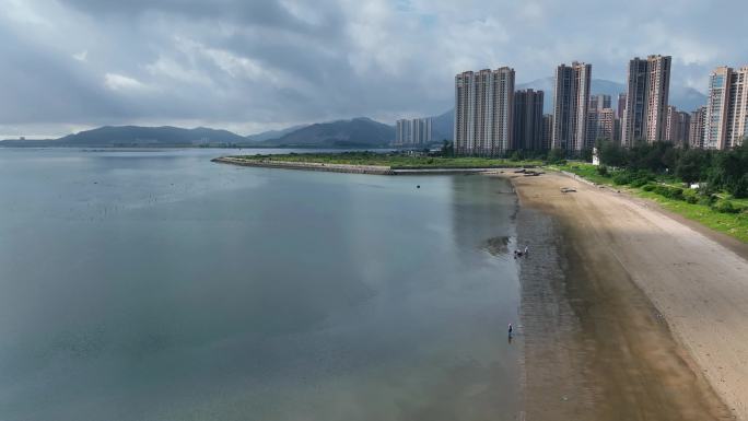 航拍福建漳州港海岸线沙滩