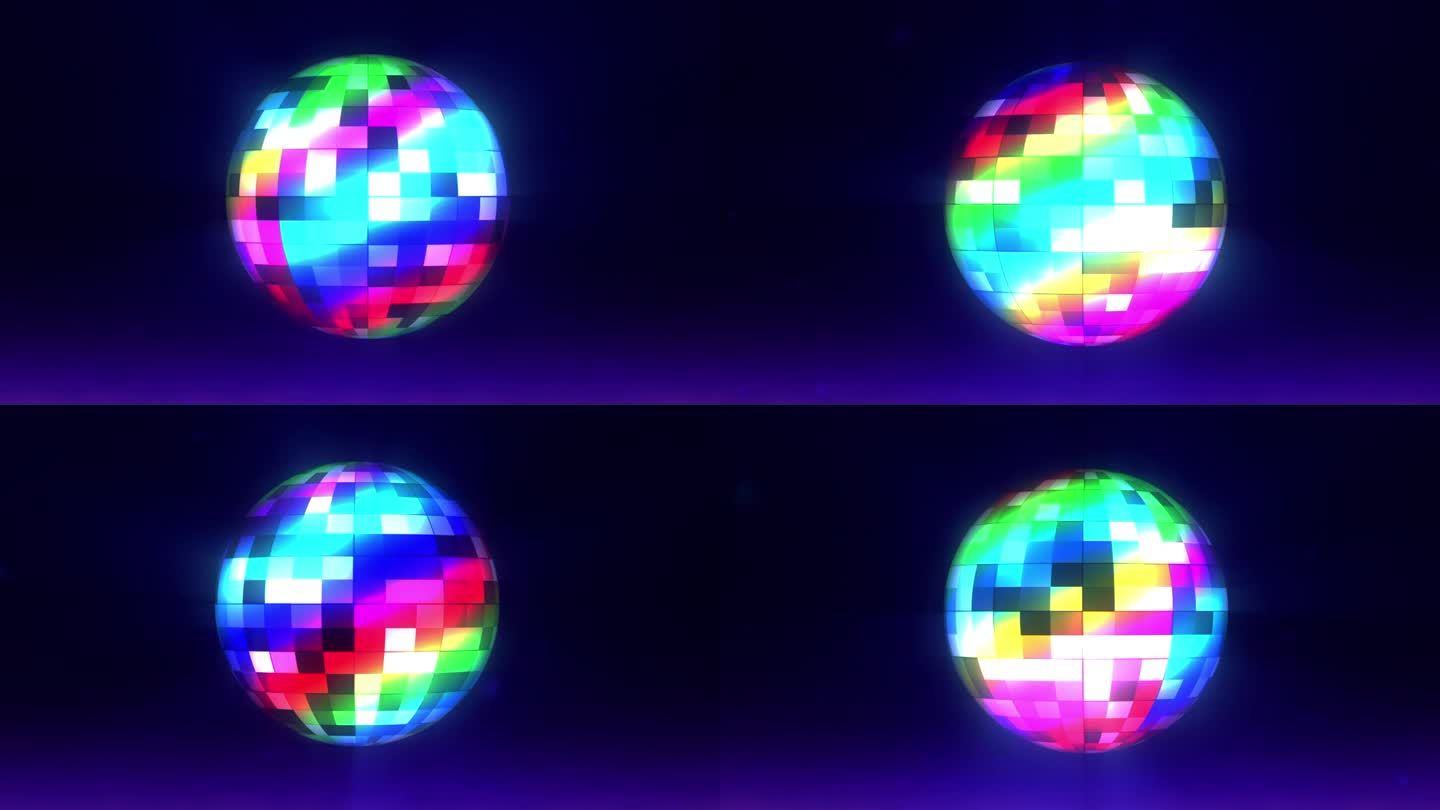 一个漂浮的发光的彩色迪斯科球在太空中旋转。完美的环发光球夜总会聚会，舞蹈和音乐