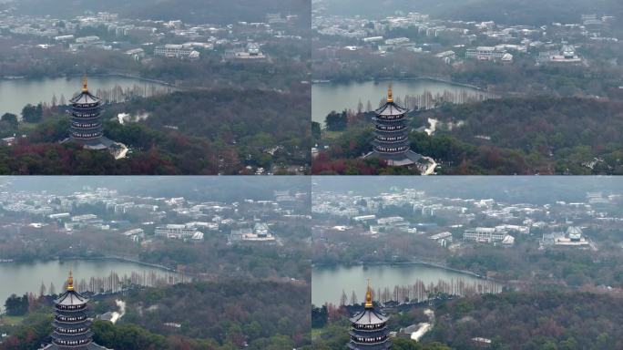 中国杭州西湖雷峰塔雪景航拍