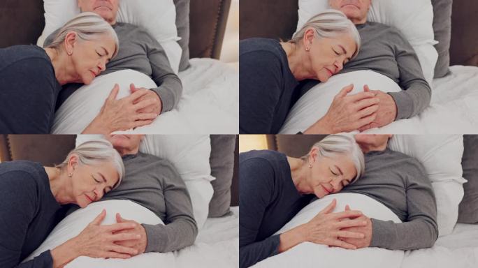 拥抱，牵着老夫妇的手在卧室，一起关心和支持。拥抱，生病的老人在床上，安慰和爱的承诺，关系和放松或恢复