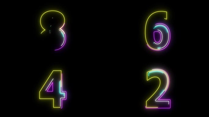 紫色，黄色和白色笔画轮廓数字倒计时定时器从10到0秒在黑色背景。4k分辨率实时倒计时动画。