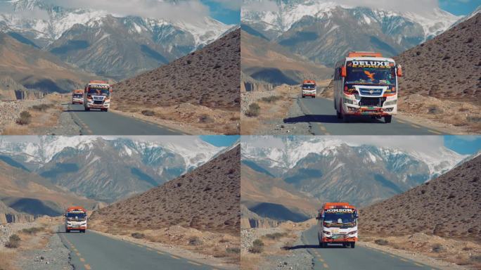 尼泊尔乡村风景中的旅游巴士