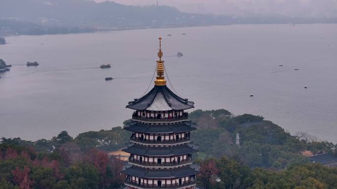 中国杭州西湖雷峰塔烟雨江南航拍