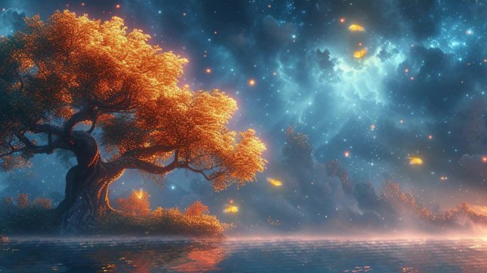 梦幻夜幕下大树  粒子树