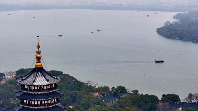 中国杭州西湖雷峰塔烟雨江南航拍