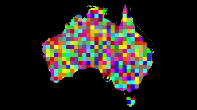 澳大利亚地图与彩色方块在纯黑色背景