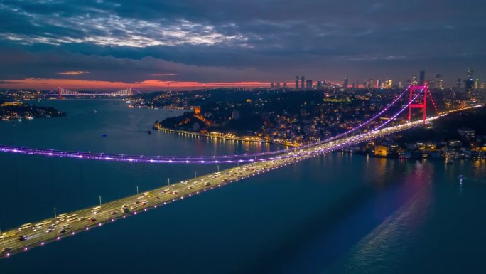 空中超速魔法:标志性的法提赫苏丹穆罕默德桥和伊斯坦布尔金融区在暮色中焕发出充满活力的色彩#Istan