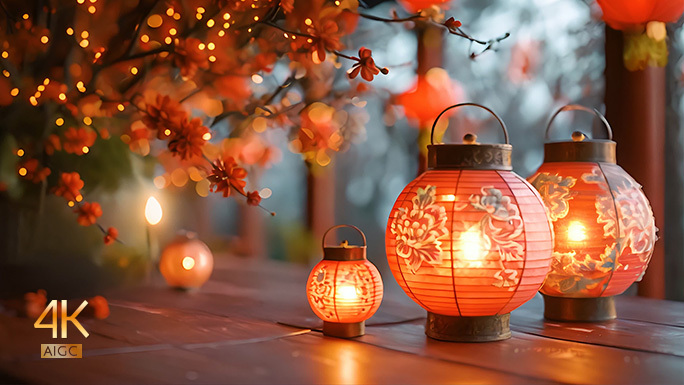 灯笼桃花温暖氛围 唯美的中国风格传统场景