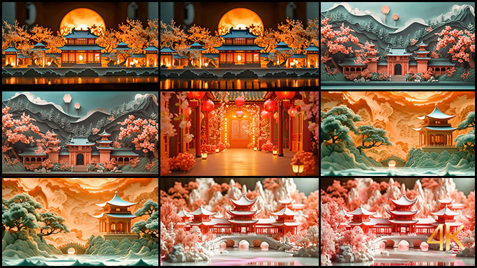 中国风传统亭台楼阁场景 微缩精致古典风格