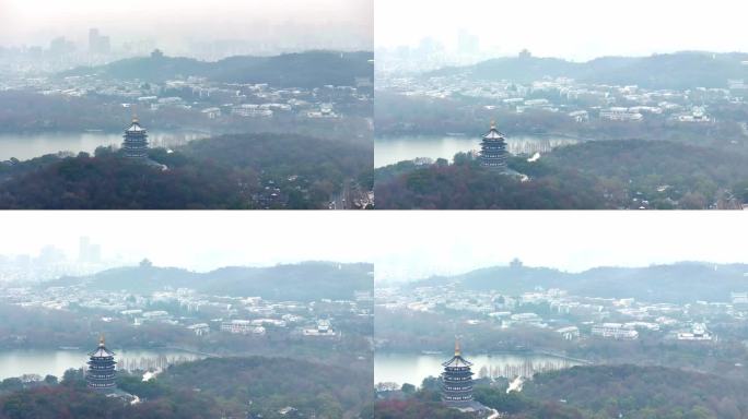 中国杭州西湖雷峰塔烟雨江南航拍