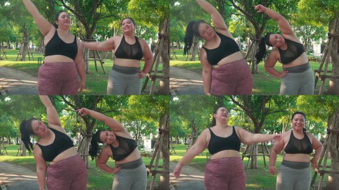 大体型两个年轻的亚洲女人在公园里伸展手臂肌肉，超重的女人为节食和健康做热身和锻炼，锻炼和动力，超大和