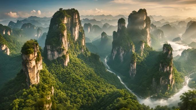 中国山峰云雾森林阳光树林大自然风大好河山