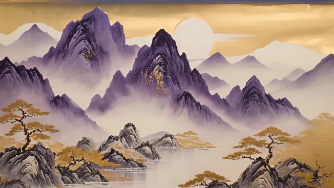 中国水墨画鎏金紫金色