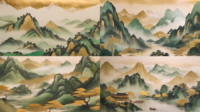 中国水墨画鎏金绿色调