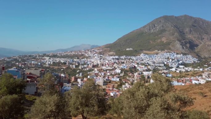舍夫沙万，蓝色Perl传统的城市，从远处看，周围的里夫山脉在一个晴朗的阳光明媚的日子在摩洛哥。