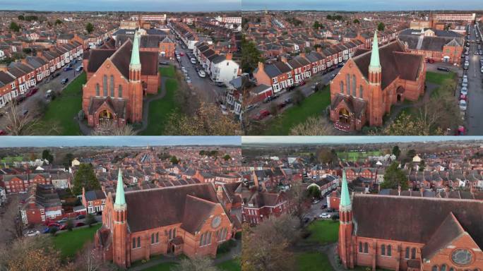 无人机拍摄的圣迈克尔和众天使圣公会教堂位于英国北安普顿镇