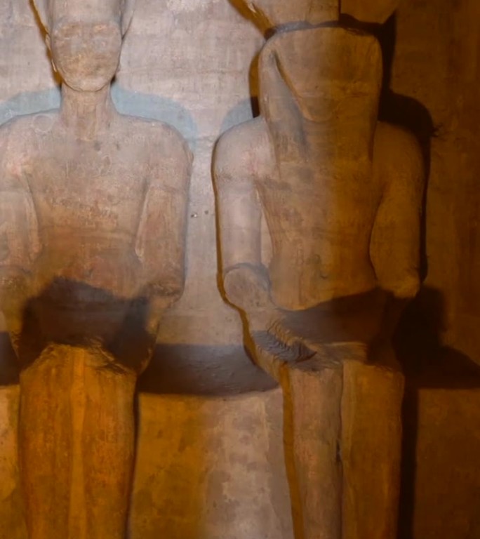 埃及南部努比亚纳赛尔湖旁的阿布辛贝神庙内的众神。法老神庙拉美西斯二世，4k视频