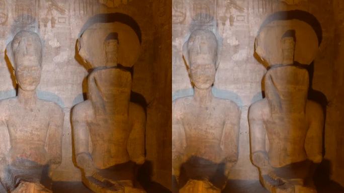 埃及南部努比亚纳赛尔湖旁的阿布辛贝神庙内的众神。法老神庙拉美西斯二世，4k视频