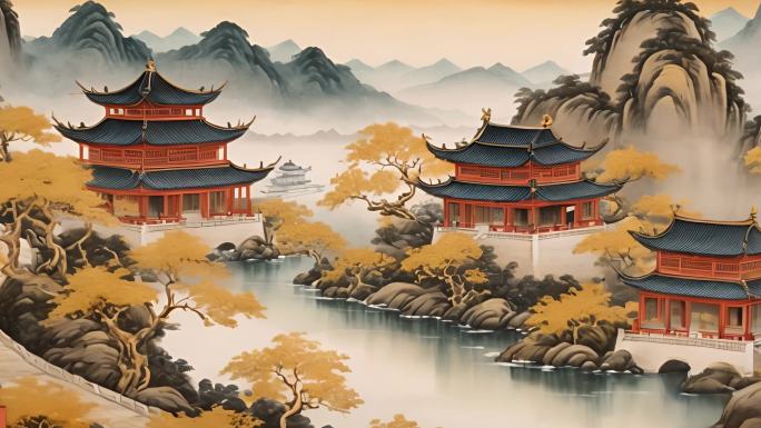中国山水画 鎏金复古色