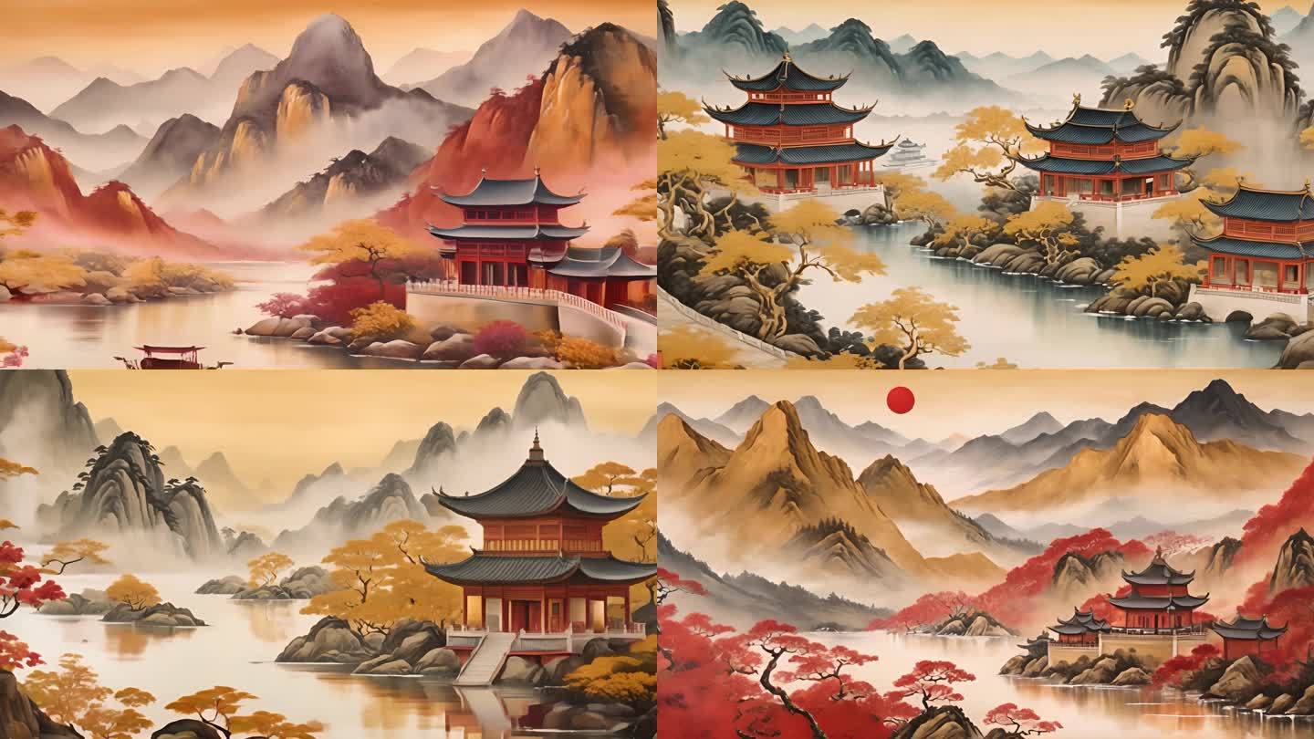 中国山水画 鎏金复古色