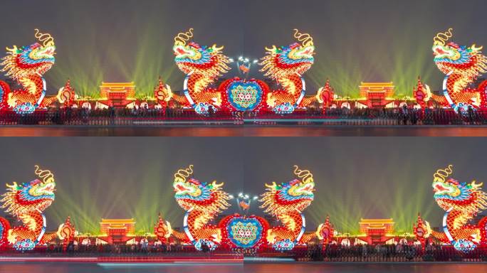 西安永宁门春节巨龙彩灯日转夜延时摄影1