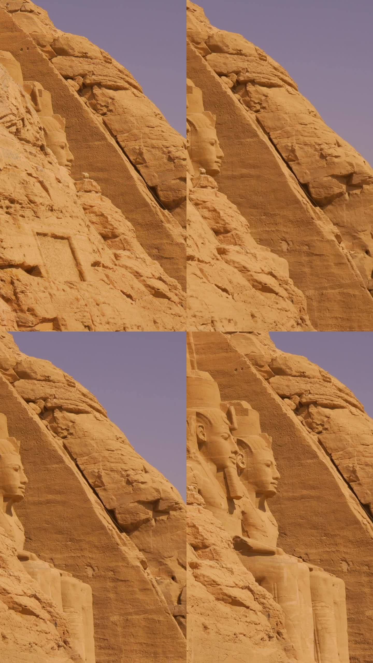 Abu Simbel神庙雕刻在山上的视频旅行，在埃及南部努比亚的纳赛尔湖旁边。法老神庙拉美西斯二世，
