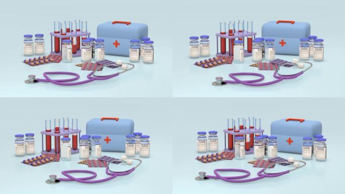 不同的药物。药片、胶囊、水疱、玻璃瓶装药液、玻璃管装血。药物药物补充收集。逼真的3d渲染风格的对象插