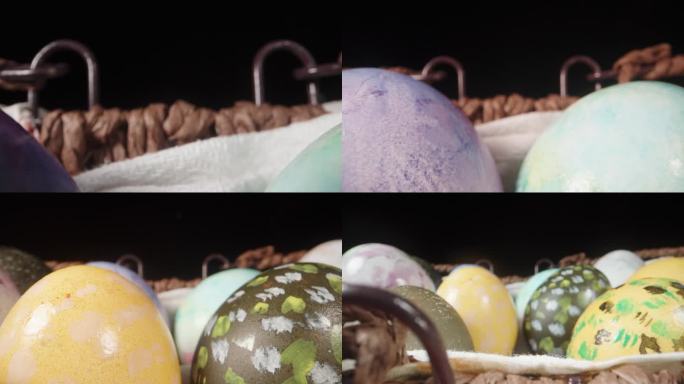 一个柳条篮子，里面有色彩鲜艳的复活节彩蛋。黑色背景。多莉滑块极端特写。