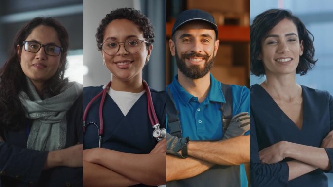 分屏拼贴的四个不同的工人摆姿势与交叉手臂的肖像。工作中的多民族专业人士。医药、物流、商业、创业。垂直