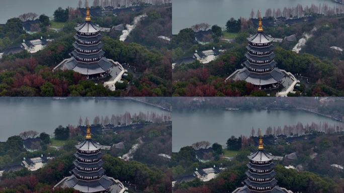 中国杭州西湖雷峰塔雪景航拍