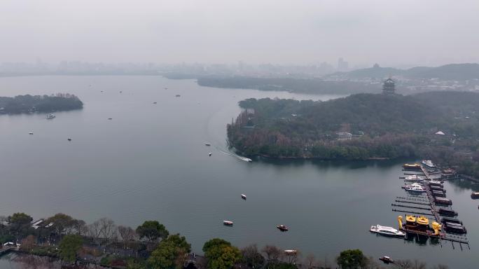 中国杭州西湖雷峰塔烟雨江南航拍