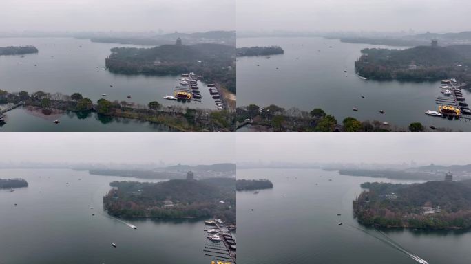 中国杭州西湖雷峰塔烟雨江南航拍