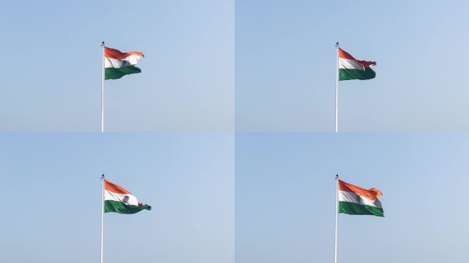 三色的印度国旗高高飘扬在蓝天上