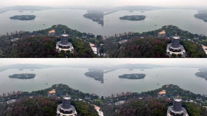 中国杭州西湖雷峰塔烟雨江南航拍