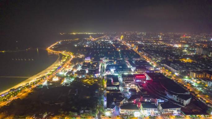 山东蓬莱城市夜景灯光航拍延时4K