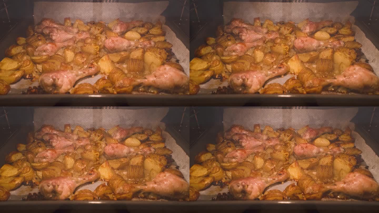 煎脆鸡腿，Shin烤在烤箱烤盘在家庭厨房。关闭了。鸡腿。晚餐。食品的背景。
