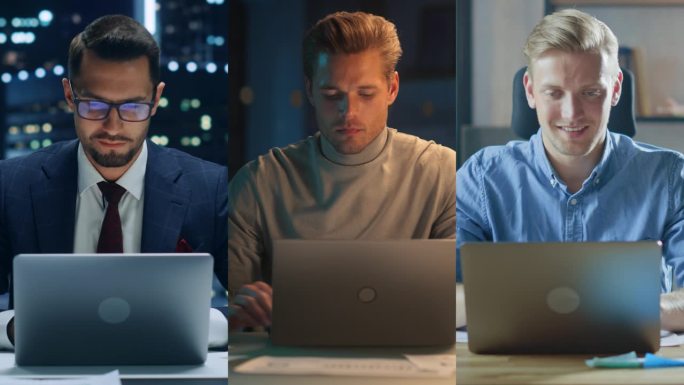 三个英俊的商人在笔记本电脑上工作的分屏拼贴画。专业人士，企业家，自由职业者使用电脑。电子商务，电子商