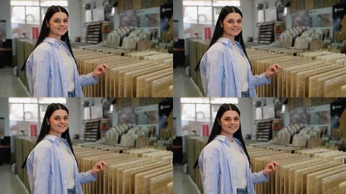 Portrait of woman with ceramic tiles in a hardware