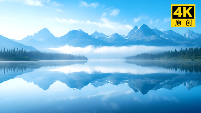 雪山湖面湖水云雾