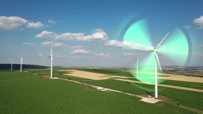 风车和产生绿色能源的气流图解。绿色能源是电力生产的未来。