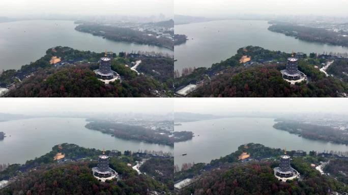 中国杭州西湖雷峰塔烟雨江南航拍