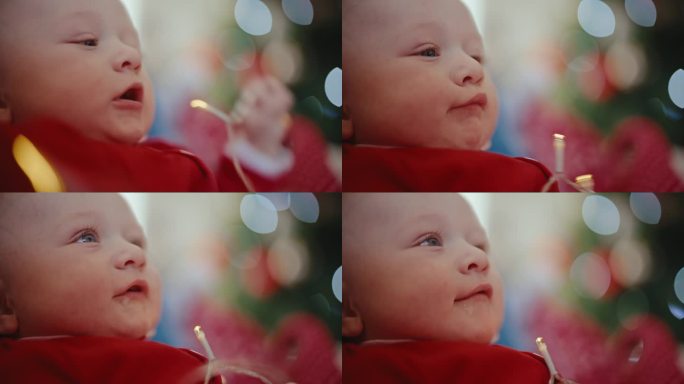 妈妈在家擦嘴时，开心的小男孩玩圣诞彩灯的手持镜头