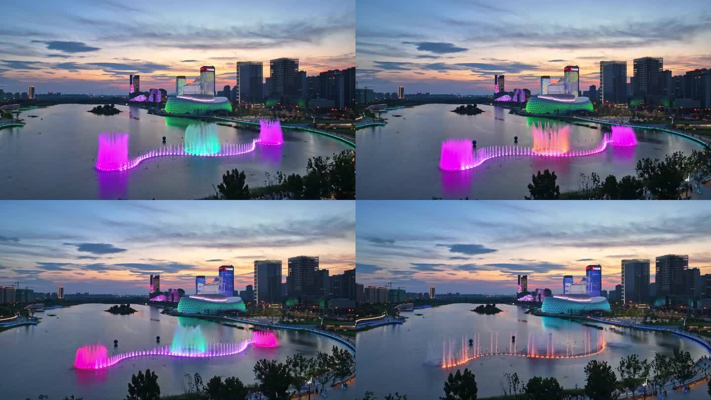 杭州钱塘区下沙金沙湖音乐喷泉夜景航拍