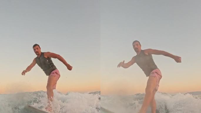 SLO MO男冲浪者在明亮的阳光下享受滑水板运动的风格