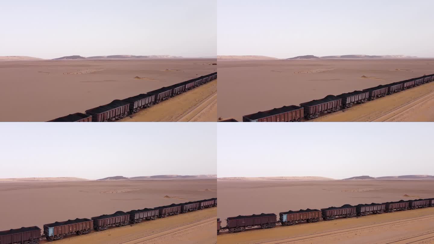 无人机拍摄的沙漠中的铁矿石列车，毛里塔尼亚