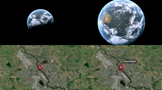 汉密尔顿城市地图从太空到地球缩放，新西兰